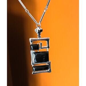 Celebrity Abstract Rectangle Pendant Necklace Silver Black Statement Retro Mod